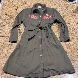 Wonder Nation Dark Green Dress with Pink Floral Embroidery